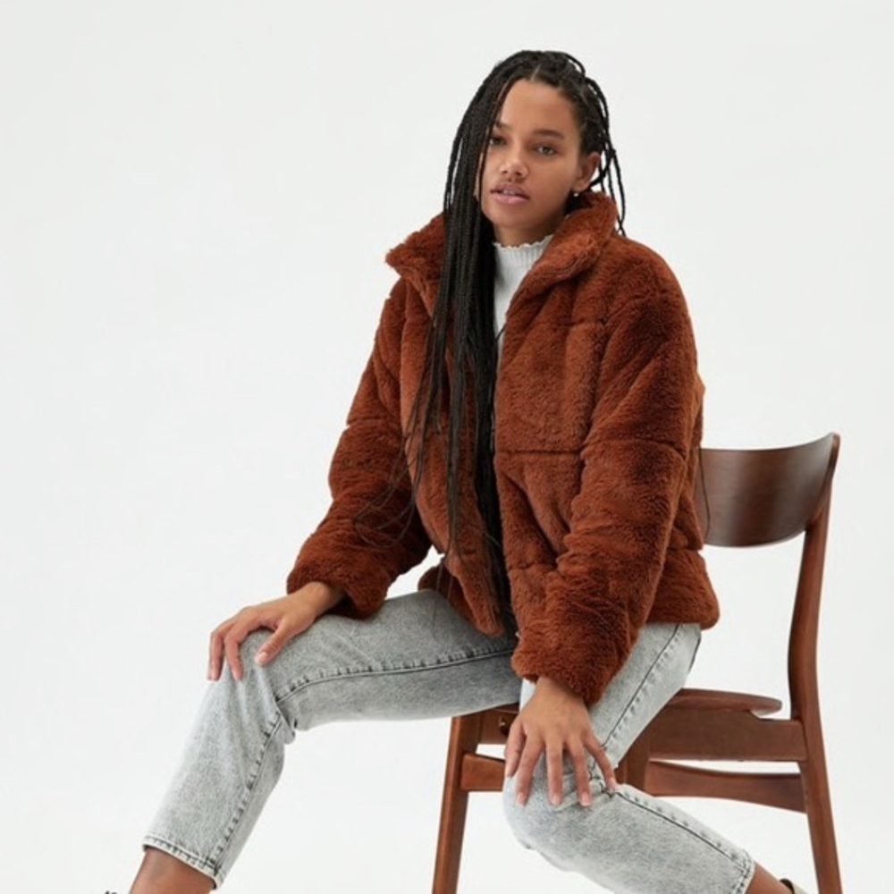 NWOT Kendall and Kylie Faux Fur Quilted Puffer Jacket, Brown, XS/S